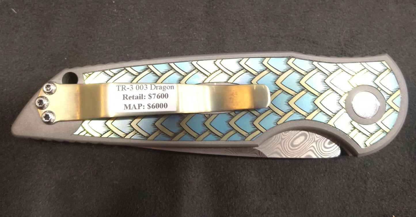 Pro-Tech TR-3 Titanium Ultimate Custom Hand Engraved & Anodized Wilfred Valtakis Dragon Skin Titanium Handle Eggerling Mosaic Damascus Blade Abalone Button 3 of 3 Made