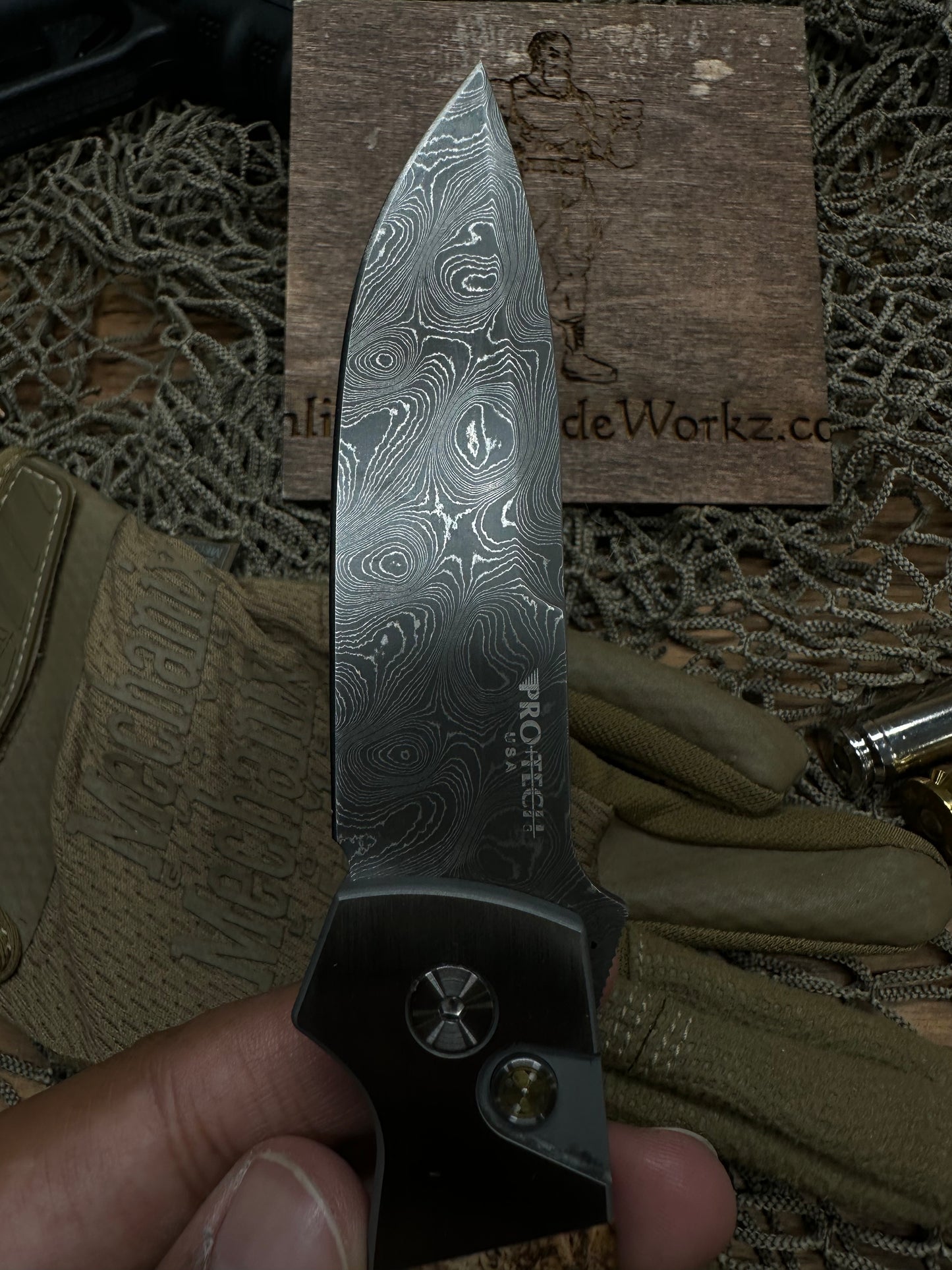 Pro-Tech Bob Terzuola ATCF Steel Custom AUTO Folding Knife 3.5" Chad Nichols Damascus Drop Point Blade, Maple Burl Handles, Mosaic Button