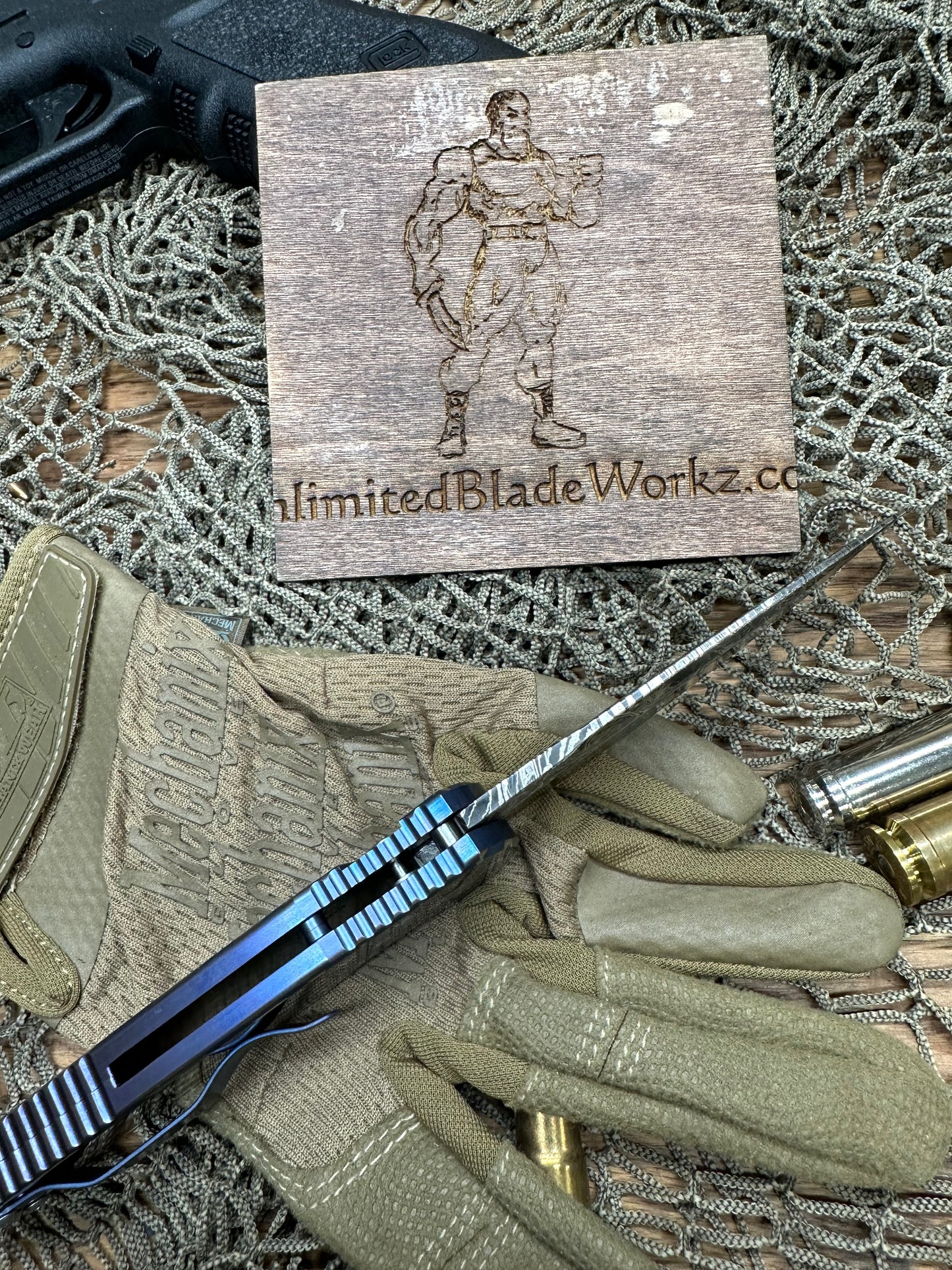 Pro-Tech Tr3 Custom 006 Titanium Frame with Patriotic Theme. Eggerling Carbon mosaic Damascus Blade