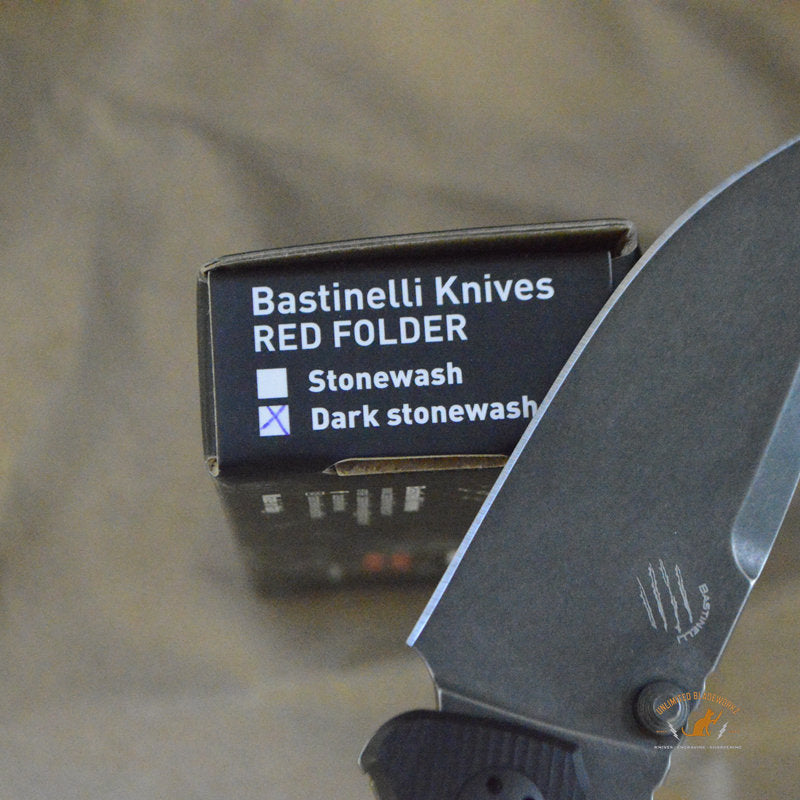 Bastinelli Creations Red IKBS Frame Lock Folding Knife 3.4" M390 Black PVD Stonewashed Drop Point Blade, Milled Black G10 Handle