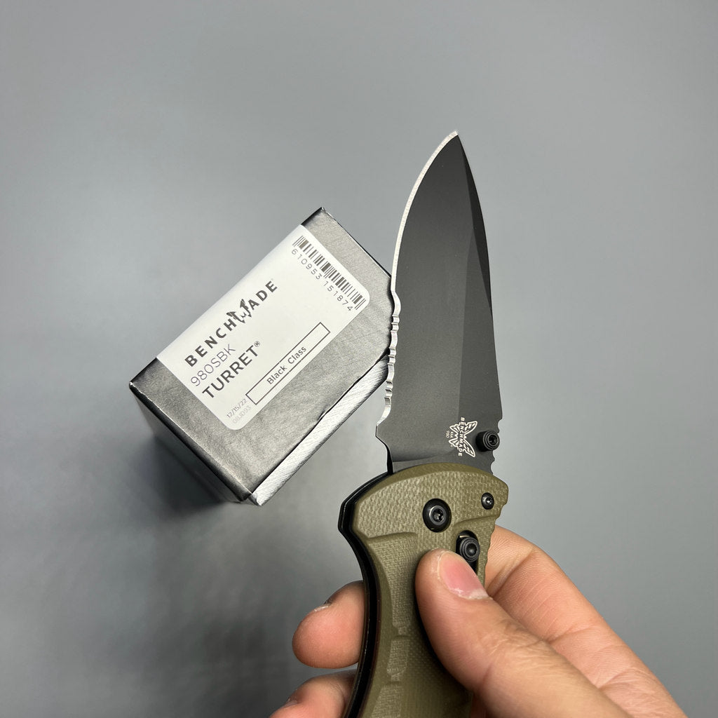 Benchmade Turret Folding Knife 3.7" S30V Black Combo Blade, Olive Drab G10 Handles - 980SBK