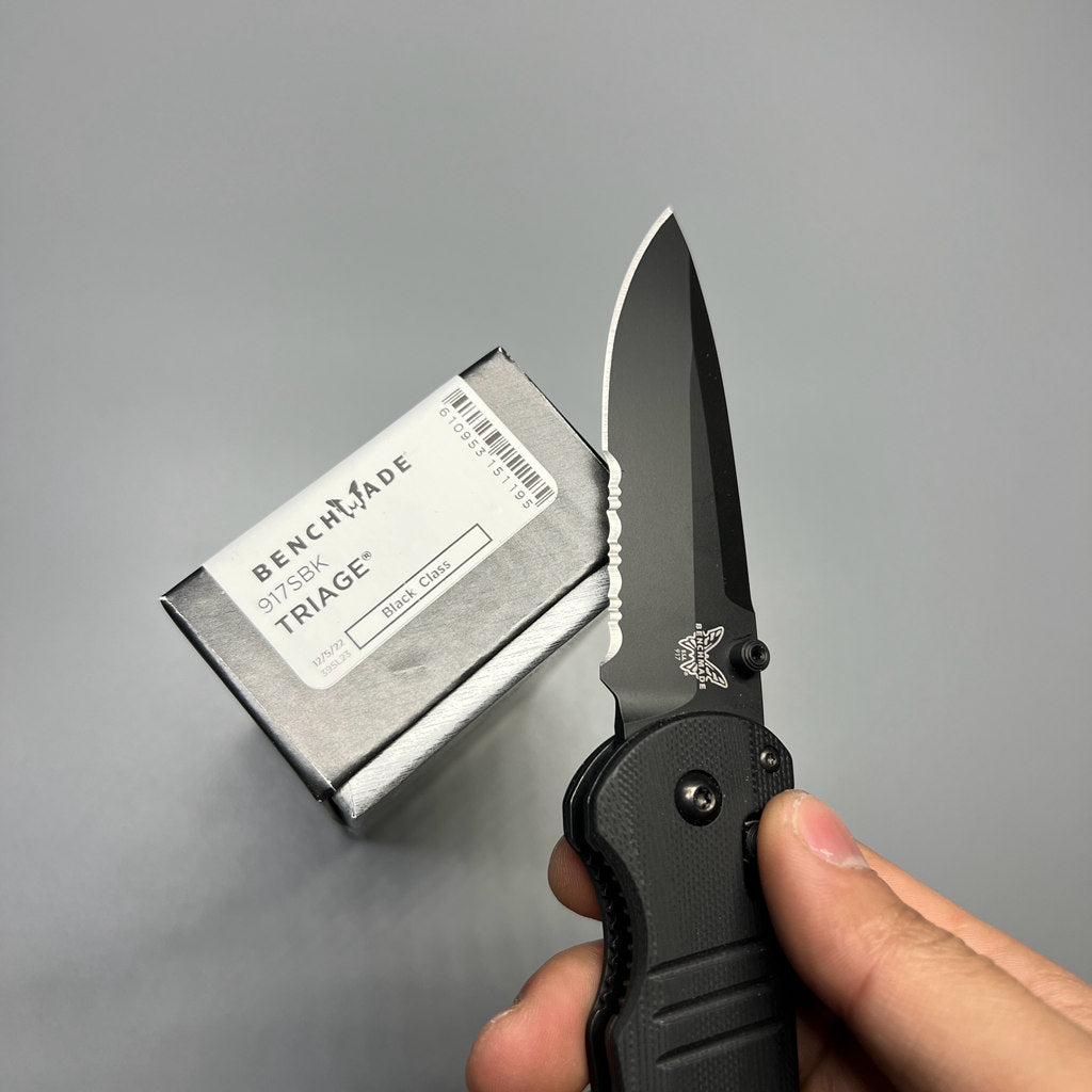 Benchmade Tactical Triage Rescue Folding Knife 3.48" S30V Black Combo Blade, Black G10 Handles, Safety Cutter, Glass Breaker - 917SBK