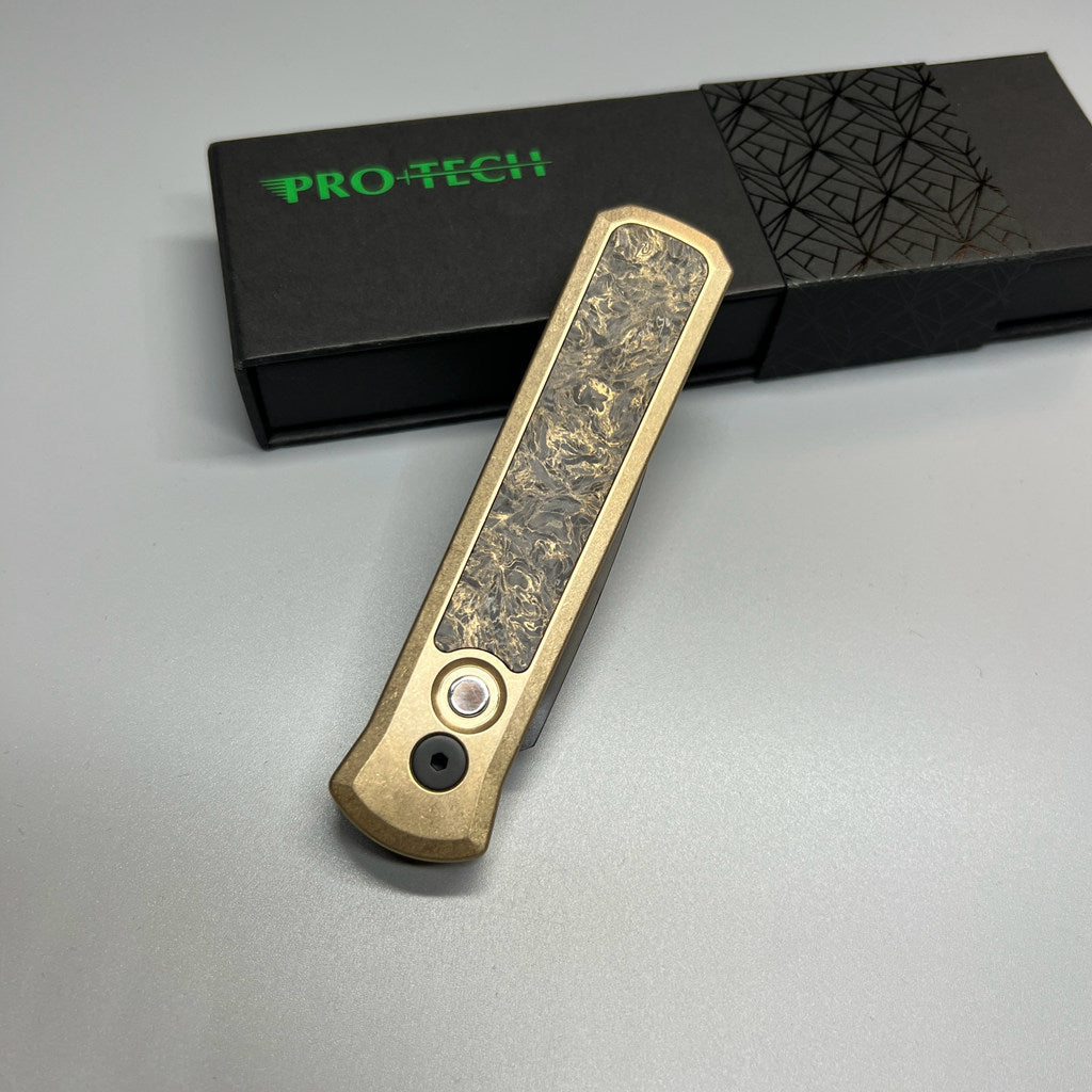 Pro-Tech Custom Godson AUTO Folding Knife 3.15" 154CM Black DLC Blade, Stonewashed Bronze Aluminum Handles with Dark Matter Gold FatCarbon Inlay