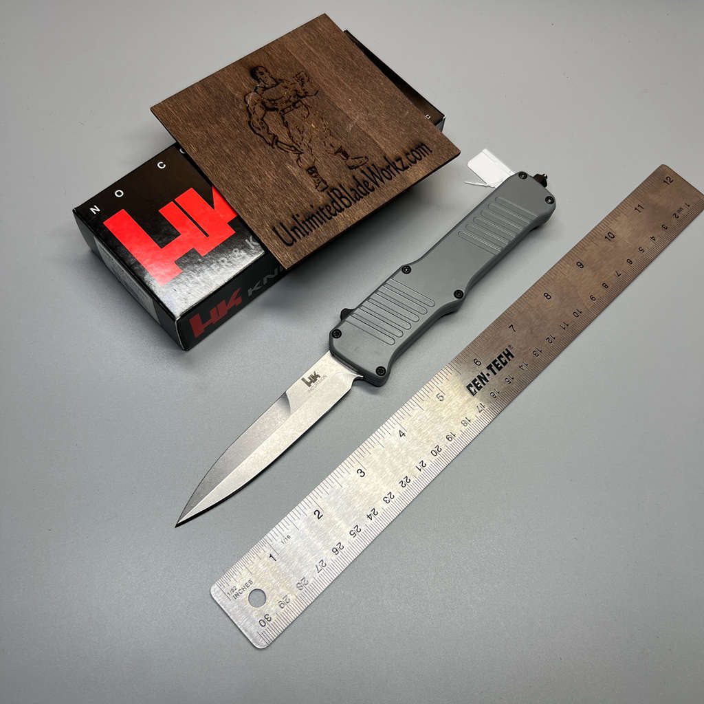 HK Knives by Hogue Hadron OTF AUTO Knife 3.375" 154CM Stonewashed Spear Point Point Blade, Gray Aluminum Handles - 54022