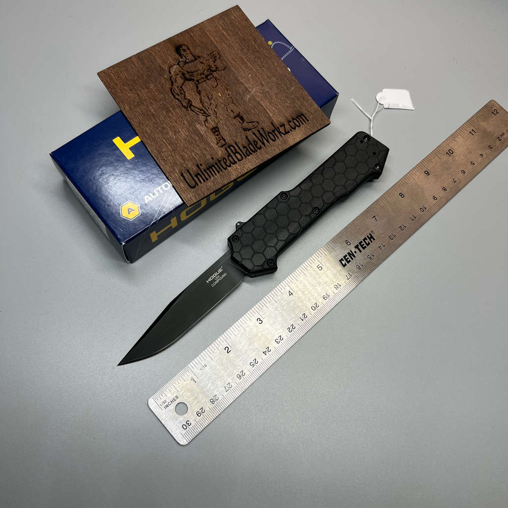 Hogue Compound OTF AUTO Knife 3.5" S30V Black PVD Clip Point Blade, Black G10 and Aluminum Handles, Tritium Switch - 34031