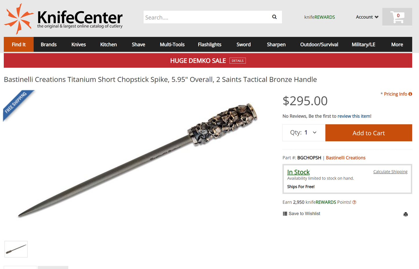 Bastinelli Creations Titanium Short Chopstick Spike, 5.95" Overall, 2 Saints Tactical Bronze Handle