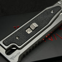 Reate EXO-M Tanto Gravity Knife Titanium/Black Burlap Micarta (3.2" Satin ELMAX)