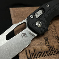 Microtech MSI RAM-LOK Manual Folding Knife 3.88" Bohler M390MK Stonewashed Modified Sheepsfoot Plain Blade, Black Injection Molded Polymer Handles, AXIS/Crossbar Lock - 210T-10PMBK
