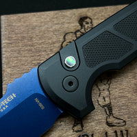 LG307-SB Rockeye Auto, Les George Design- Textured black handle, Sapphire Blue S35VN Blade, pearl push button