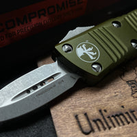 Microtech 238-10DOD Mini Troodon D/E - Distressed OD Green Handle - Apocalyptic Blade