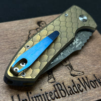 Pro-Tech Les George SBR Custom Blue Bronze Anodized Double Feather Textured Titanium Vegas Forge Spirograph Damascus Blade 2023-SBR-005