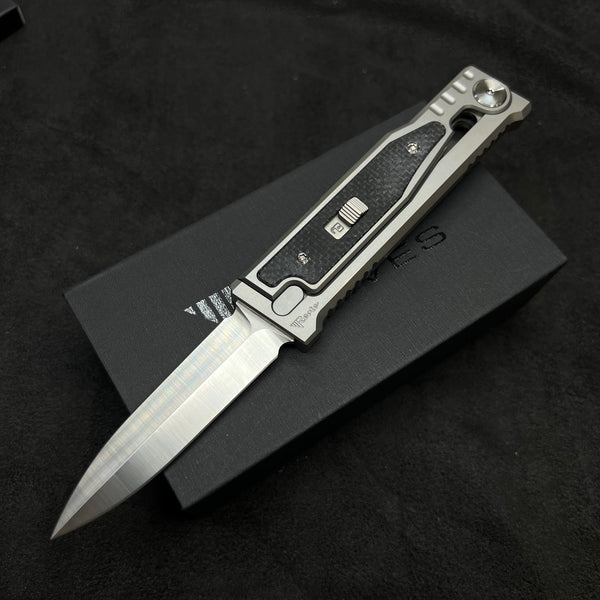 Reate EXO-M Double Edge Gravity Knife Ti/Black Burlap Micarta (3.2" Satin ELMAX)