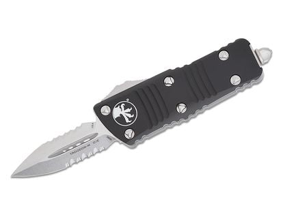 Microtech 238-11 Troodon Mini OTF AUTO Knife 1.99" Stonewashed Double Combo Edge Dagger Blade, Black Aluminum Handles