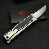 Reate EXO-M Tanto Gravity Knife Titanium/Black Burlap Micarta (3.2" Satin ELMAX)