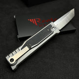 Reate EXO-M Tanto Gravity Knife Titanium/Black Burlap Micarta (3.2" Satin ELMAX)