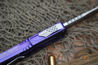Heretic Knives Colossus OTF AUTO 3.5" CPM-MagnaCut Stonewashed Clip Point Combo Blade, Purple Aluminum Handles
