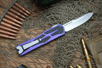Heretic Knives Colossus OTF AUTO 3.5" CPM-MagnaCut Stonewashed Clip Point Combo Blade, Purple Aluminum Handles