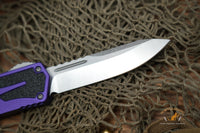 Heretic Knives Colossus OTF AUTO 3.5" CPM-MagnaCut Stonewashed Clip Point Combo Blade, Purple Aluminum Handles