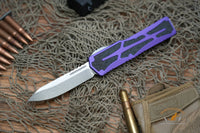 Heretic Knives Colossus OTF AUTO 3.5" CPM-MagnaCut Stonewashed Clip Point Combo Blade, Purple Aluminum Handles