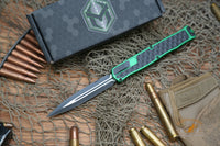 Heretic Knives Cleric II OTF AUTO 4.25" MagnaCut Black DLC Double Edge Dagger Blade, Green Aluminum Handles H020-10A-GRN