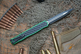 Heretic Knives Cleric II OTF AUTO 4.25" MagnaCut Black DLC Double Edge Dagger Blade, Green Aluminum Handles H020-10A-GRN