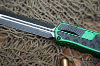Heretic Knives Cleric II OTF AUTO 4.25" MagnaCut Black DLC Double Edge Dagger Blade, Green Aluminum Handles H020-10A-GRN