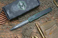 Heretic Knives Cleric II OTF AUTO 4.25" MagnaCut Battle Black DLC Double Edge Dagger Blade, Breakthrough Green Aluminum Handles H020-10A-GRN