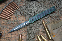 Heretic Knives Cleric II OTF AUTO 4.25" MagnaCut Battle Black DLC Double Edge Dagger Blade, Breakthrough Green Aluminum Handles H020-10A-GRN
