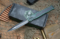 Heretic Knives Cleric II OTF AUTO 4.25" MagnaCut Battle Black DLC Double Edge Dagger Blade, Breakthrough Green Aluminum Handles H020-10A-GRN