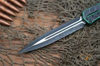 Heretic Knives Cleric II OTF AUTO 4.25" MagnaCut Battle Black DLC Double Edge Dagger Blade, Breakthrough Green Aluminum Handles H020-10A-GRN