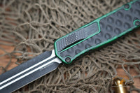 Heretic Knives Cleric II OTF AUTO 4.25" MagnaCut Battle Black DLC Double Edge Dagger Blade, Breakthrough Green Aluminum Handles H020-10A-GRN