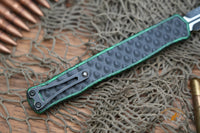 Heretic Knives Cleric II OTF AUTO 4.25" MagnaCut Battle Black DLC Double Edge Dagger Blade, Breakthrough Green Aluminum Handles H020-10A-GRN