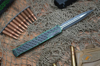 Heretic Knives Cleric II OTF AUTO 4.25" MagnaCut Battle Black DLC Double Edge Dagger Blade, Breakthrough Green Aluminum Handles H020-10A-GRN