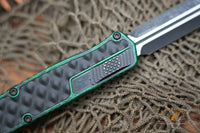 Heretic Knives Cleric II OTF AUTO 4.25" MagnaCut Battle Black DLC Double Edge Dagger Blade, Breakthrough Green Aluminum Handles H020-10A-GRN