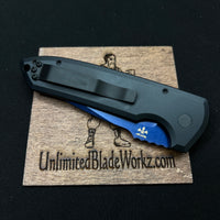LG307-SB Rockeye Auto, Les George Design- Textured black handle, Sapphire Blue S35VN Blade, pearl push button