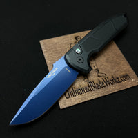 LG307-SB Rockeye Auto, Les George Design- Textured black handle, Sapphire Blue S35VN Blade, pearl push button