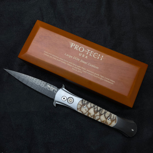 Pro-Tech Large Don Steel Custom Automatic Knife Tiger Coral (4.5" Damascus)