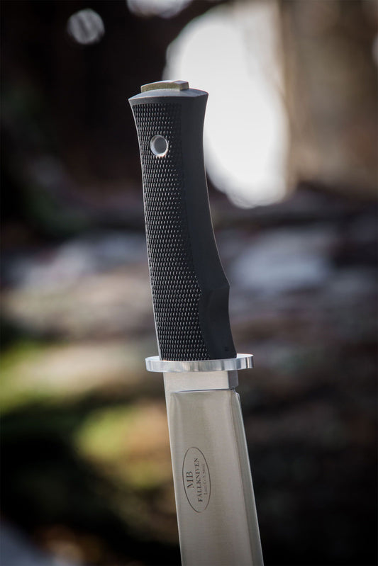 Fallkniven Modern Bowie Fixed Blade Knife 10" Satin Laminated CoS Blade, Black Thermorun Handle, Black Leather Sheath - MB10