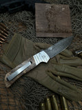 Pro-Tech Bob Terzuola ATCF Steel Custom AUTO Folding Knife 3.5" Chad Nichols Damascus Drop Point Blade, Maple Burl Handles, Mosaic Button
