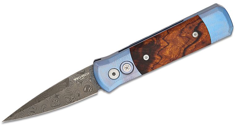 Pro-Tech Custom Godson AUTO Folding Knife 3.15" Nichols Raindrop Damascus Blade, Blue Orange Peel Titanium Handles with Desert Ironwood Inlays, Mosaic Button - 2024.Godson.Custom.001