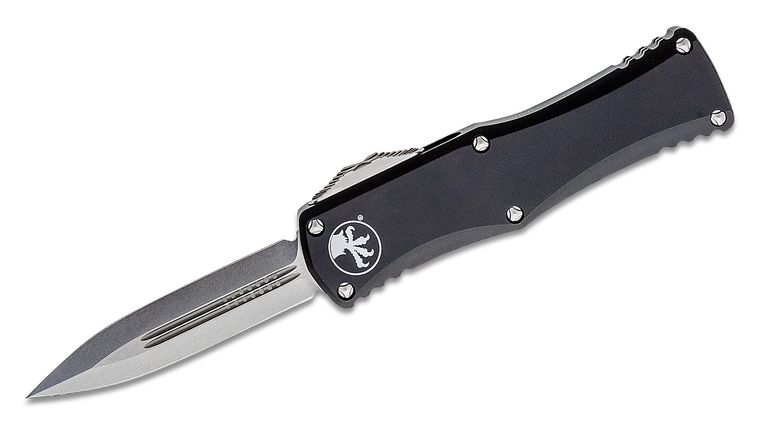 Microtech 702-10 Hera OTF AUTO Knife 3.125" Stonewashed Double Edge Dagger Blade, Black Aluminum Handles