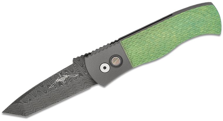 Pro-Tech Custom Emerson CQC7 AUTO Folding Knife 3.25" Nichols Stainless Damascus Tanto Blade, Two-Tone Green/Blasted Jigged Titanium Handles, Pearl Button - 2024.Emerson.Custom.001