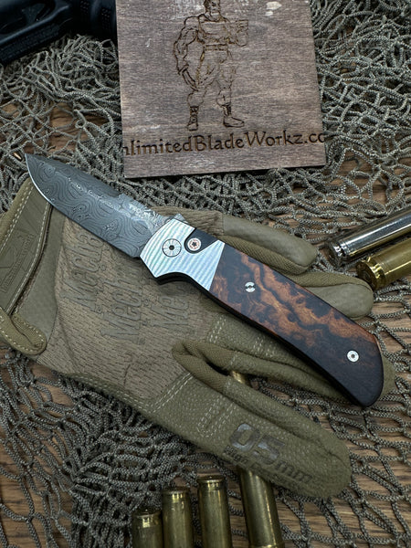 Pro-Tech Bob Terzuola ATCF Steel Custom AUTO Folding Knife 3.5" DLC Black and Hand Satin Drop Point Blade, Jewelry Grade Desert Ironwood Inlays, Mosaic Button