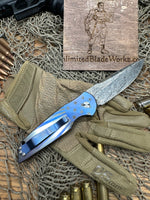 Pro-Tech Tr3 Custom 006 Titanium Frame with Patriotic Theme. Eggerling Carbon mosaic Damascus Blade