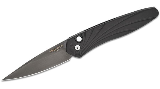 Pro-Tech 3437 Newport AUTO Folding Knife 3" S35VN Smokey Gray DLC Plain Blade, Black Wave Patterned Aluminum Handles, Mother of Pearl Button - 3437-SG