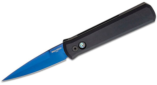 Pro-Tech 921-SB Godfather AUTO Folding Knife 4" 154CM Sapphire Blue Plain Blade, Black Aluminum Handles, Abalone Button