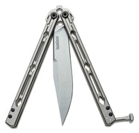 Kershaw 5150 Lucha Balisong Butterfly Knife 4.6" Stonewashed Sandvik 14C28N Clip Point Blade, Stonewashed Stainless Steel Handles, Latch Lock