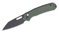CJRB Cutlery Pyrite-Alt Folding Knife 3.11" AR-RPM9 Black Wharncliffe Blade, Green Canvas Micarta Handles, Button Lock - J1925A-BMGN