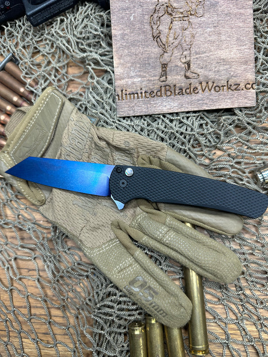 Pro-Tech 5206 Malibu Manual Flipper Knife 3.30" CPM-20CV Stonewashed Sapphire Blue Reverse Tanto Blade, Black Textured Aluminum Handles