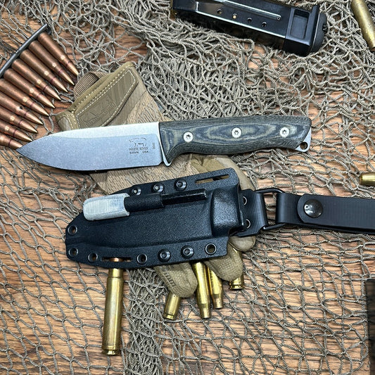 White River Knives Ursus 45 Fixed Blade Knife 4.5" S35VN Stonewashed, Black & Olive Linen Micarta Handles, Kydex Sheath - WRUR45-LBO